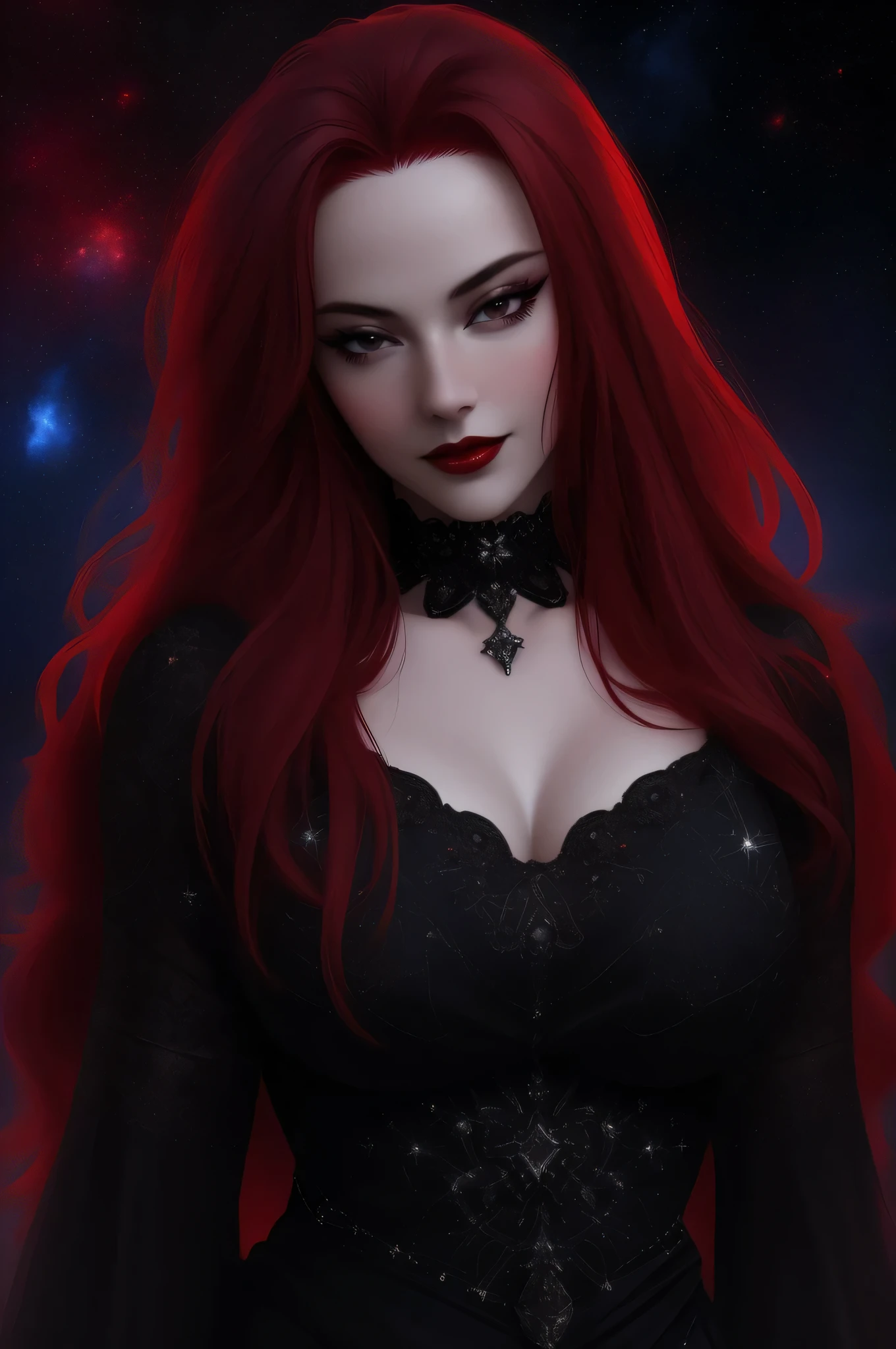 (Masterpiece - Ultra-Detailed, High Resolution) ((vivid red hair)), mature woman, 30 years old, diamond face, red starry sky background, depth of field, magic, big red lips, ((dark and black eyes)) black and red long and full dress, covered chest, mystical atmosphere, ominous shadows, Intense blue aura, Intense red aura (best quality:1.2), absurdres, intricate details, (highly detailed skin:1.2), smile expression, posing, taut and well defined body, attractive. Highly realistic, pale skin, beautiful, hyperrealism, skin very elaborated, direct gaze
