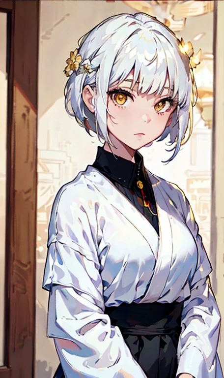 highres, superb quality, Hyper HD, Masterpiece, highly detailed, ((masterpiece)), ((young__face)), ((front view)), (glowing golden eyes), anime girl, gradient (white hair), asymmetrical bob haircut, bob haircut, asymmetrical hair, (shiny skin), white_hair, solo, ❤ love, beautiful,