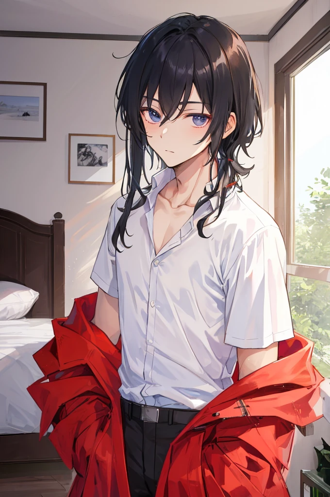 masterpiece，8k，((A man))，prince，prince殿下，Refreshing ager，Black Hair，Handsome，a flat chest，shirt，bedroom，