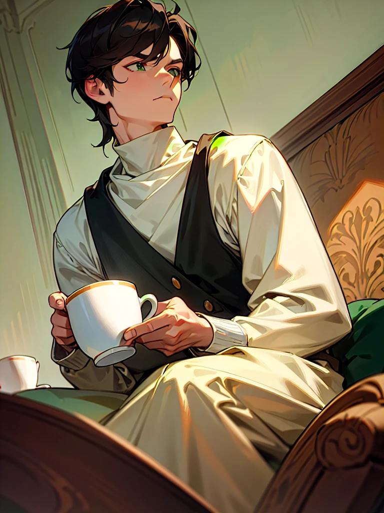 boy, dark hair, broad shoulders,Tight-fitting turtleneck, green eyes, holding a porcelain mug, saucer in hands, cup and saucer, is sitting, looks into a cup, indifferent, in one hand there is a saucer in the other a cup, full face, Kind, front view