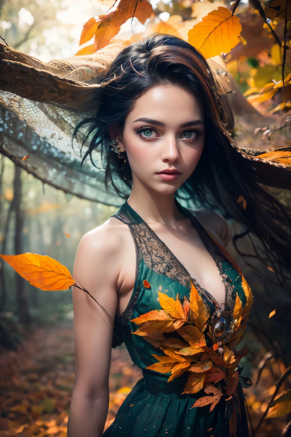This is an ((ultra detailed)) and ((best quality)) fantasy (((masterpiece))). Generate a happy and beautiful wood faerie standing in the middle of a magical forest. Detailed leaves of oranges and reds float through the air and seem to swirl in a strong gust of wind. The ((faerie's eyes are important)) and are beautiful eyes, ((realistically detailed eyes)), interesting eyes, and (((colorful eyes))) with complex patterns. Her clothes are soft and in autumnal hues, with flowing silk that dances in the breeze. Utilize ((dynamic composition)) and cinematic lighting to create a compelling image. Include beautiful eyes, (puffy lips), orange leaves, red detailed leaves, hazy rays of light, wind, cold
