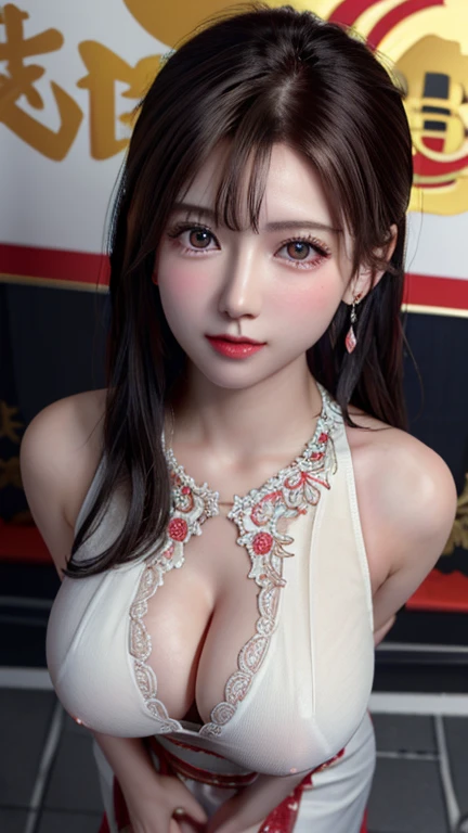 China dressを着た中国人女性, Very detailed decorations, (((masterpiece))), ((highest quality)), ((Intricate and detailed)), ((Ultra-realistic)),(perspective), Absurd resolution, Mature Woman, Mature Woman, perspective, Very detailed, figure,, (Large Breasts), Perfect hands, Detailed fingers, Beautiful fine details, Updo, Brown eyes,(China dress:1.2), Earrings, Detailed Background, Perfect Eyes, Seductive eyes, Squatting in front of an audience,(Look up),(Looking at the audience:1.8),(View from above:1.5) ,((Crouch in front of the viewer)) ,White floors, (whole body:1.4)