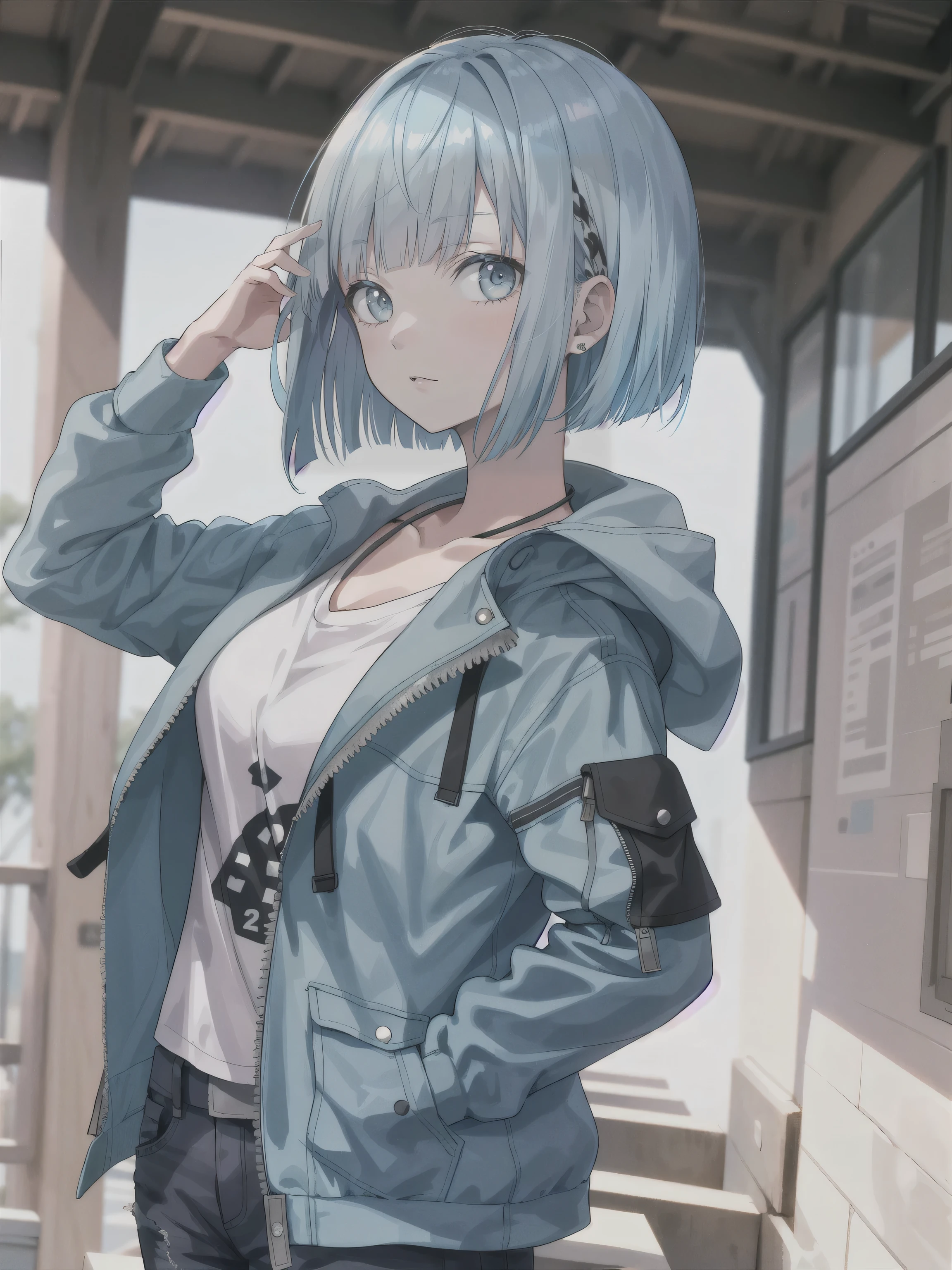 1 girl, 22 years old, blunt bangs, bob cut, light blue hair, safari jacket,