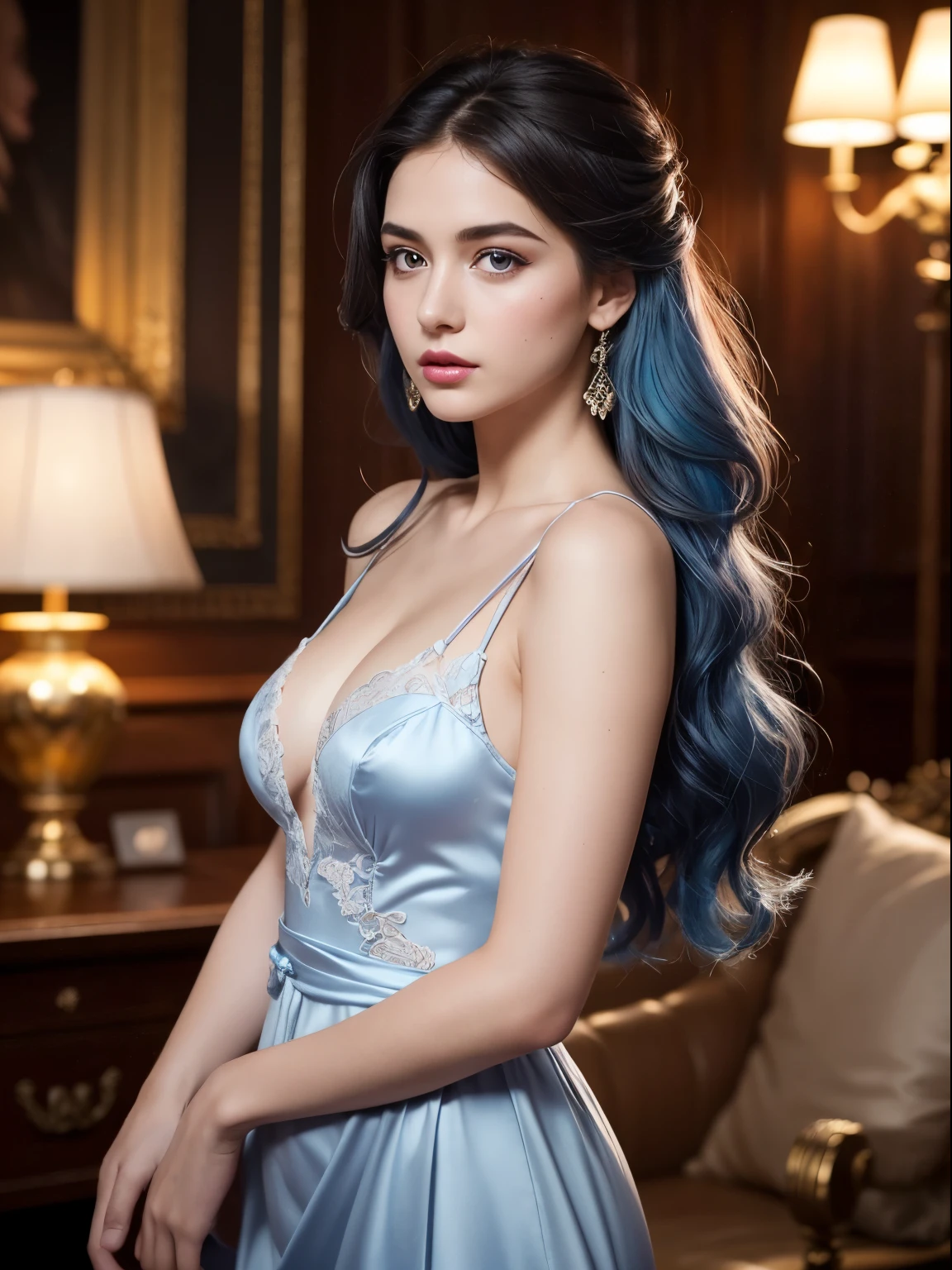 (Best quality,8K,A high resolution,Masterpiece:1.2, DSLR, 16k ),Ultra-detailed,(Realistic,Photorealistic,photo-realistic:1.37),Portrait, Creative style artwork, Historical, classical, Sophisticated, plethora of colors ,Highly detailed, Soft lighting, luxurious environment , there is young woman , girl wearing a blue silk classy royal dress, performing a music video, slim fit (oval perfect shape, asymmetrical face structure, perfect proportion, almond eye type, hazal eye color, detailed eyes, blue hair color, 32 inch breasts, hourglass figure, slim body, pale white skin tone ,sexy girl, 22 years old, soft wavy hair, looking away, attitude expression, professional makeup, pink lips)
