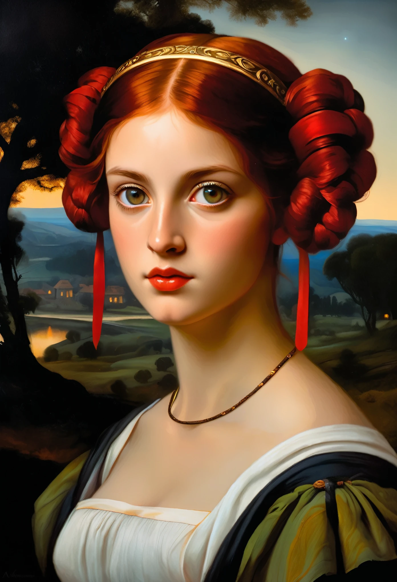 [[(front full portrait: (young Hera Hilmar) (solo) with big eyes and a red short hair pigtails twins, apple)((Agnolo Bronzino style!!!))])):20]/[background: landscape
 dark Renaissance, old canva, (noir night), ((landscape style Alexey Savrasov:1,6))]/[two-color lighting, ((oil painting palette knife))((masterpiece)),((highest detail))]]