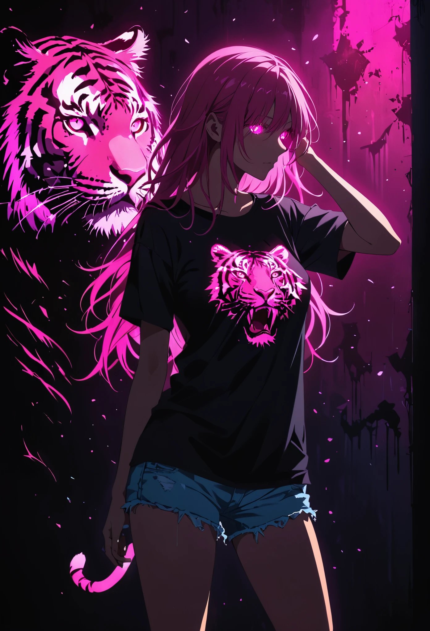 (Portrait of a mysterious giant Tiger),indoor,Fluorescent illumination, (((Darkness shrouded, black background, shadow, extreme darkness, Dark atmosphere))),,Wall background,black background,silhouette,shadow,extreme darknesinimalist graffiti style background,Fluorescent pink eye graffiti,Dark atmosphere,cowboy shot,1girl,Oversized black T-shirt,Medium Breast,Waistless T-shirt,underboob,blurred background,Blurred foreground,Pink fluorescent hair,Fluorescent pink eyes,Hand raised and touching hair,long hair,Messy hair,Low rise denim shorts,Over-the-knee boots,pink eye shadow,Ruined eyeshadow,Poker face