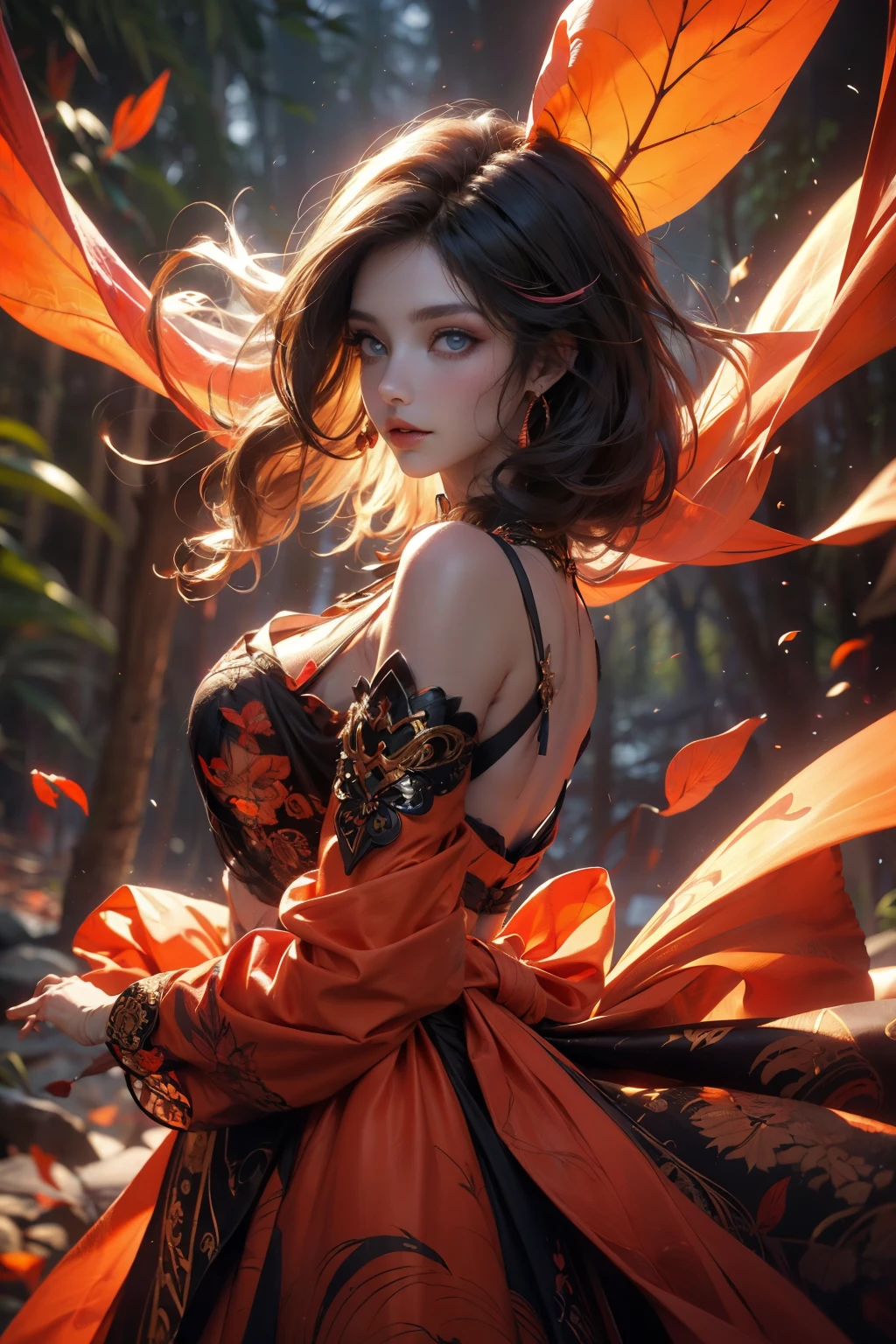 This is an ((ultra detailed)) and ((best quality)) fantasy (((masterpiece))). Generate a happy and beautiful wood faerie standing in the middle of a magical forest. Detailed leaves of oranges and reds float through the air and seem to swirl in a strong gust of wind. The ((faerie's eyes are important)) and are beautiful eyes, ((realistically detailed eyes)), interesting eyes, and (((colorful eyes))) with complex patterns. Her clothes are soft and in autumnal hues, with flowing silk that dances in the breeze. Utilize ((dynamic composition)) and cinematic lighting to create a compelling image. Include beautiful eyes, (puffy lips), orange leaves, red detailed leaves, hazy rays of light, wind, cold 