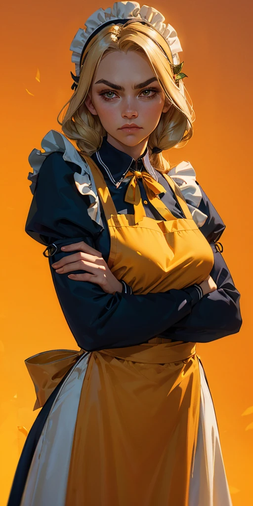 1girl, apron, blonde hair, bow, breast hold, breasts, brooch, closed mouth, crossed arms, dress, dusk, enmaided, evening, frown, ginkgo leaf, gradient, gradient background, long hair, long sleeves, looking at viewer, maid, maid apron, maid headdress, medium breasts, orange background, orange sky, orange theme, ribbon, solo, sunflower, sunset, v-shaped eyebrows, white apron, yellow background, yellow sky, yellow theme