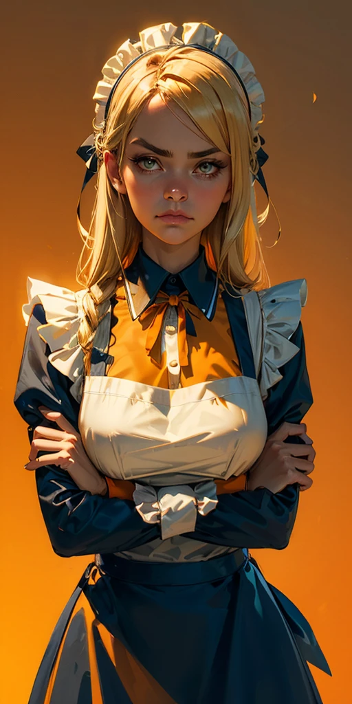 1girl, apron, blonde hair, bow, breast hold, breasts, brooch, closed mouth, crossed arms, dress, dusk, enmaided, evening, frown, ginkgo leaf, gradient, gradient background, long hair, long sleeves, looking at viewer, maid, maid apron, maid headdress, medium breasts, orange background, orange sky, orange theme, ribbon, solo, sunflower, sunset, v-shaped eyebrows, white apron, yellow background, yellow sky, yellow theme