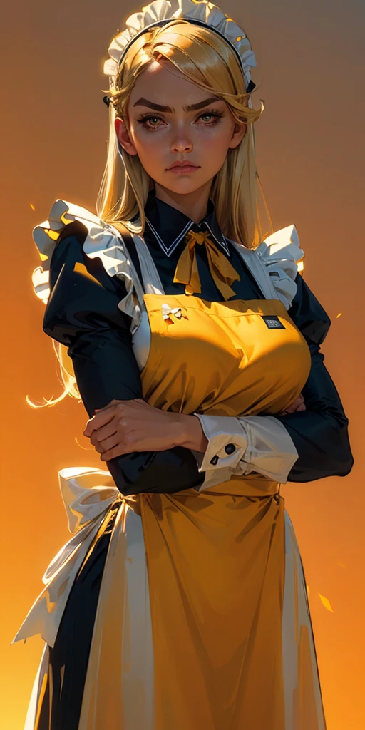 1girl, apron, blonde hair, bow, breast hold, breasts, brooch, closed mouth, crossed arms, dress, dusk, enmaided, evening, frown, ginkgo leaf, gradient, gradient background, long hair, long sleeves, looking at viewer, maid, maid apron, maid headdress, medium breasts, orange background, orange sky, orange theme, ribbon, solo, sunflower, sunset, v-shaped eyebrows, white apron, yellow background, yellow sky, yellow theme