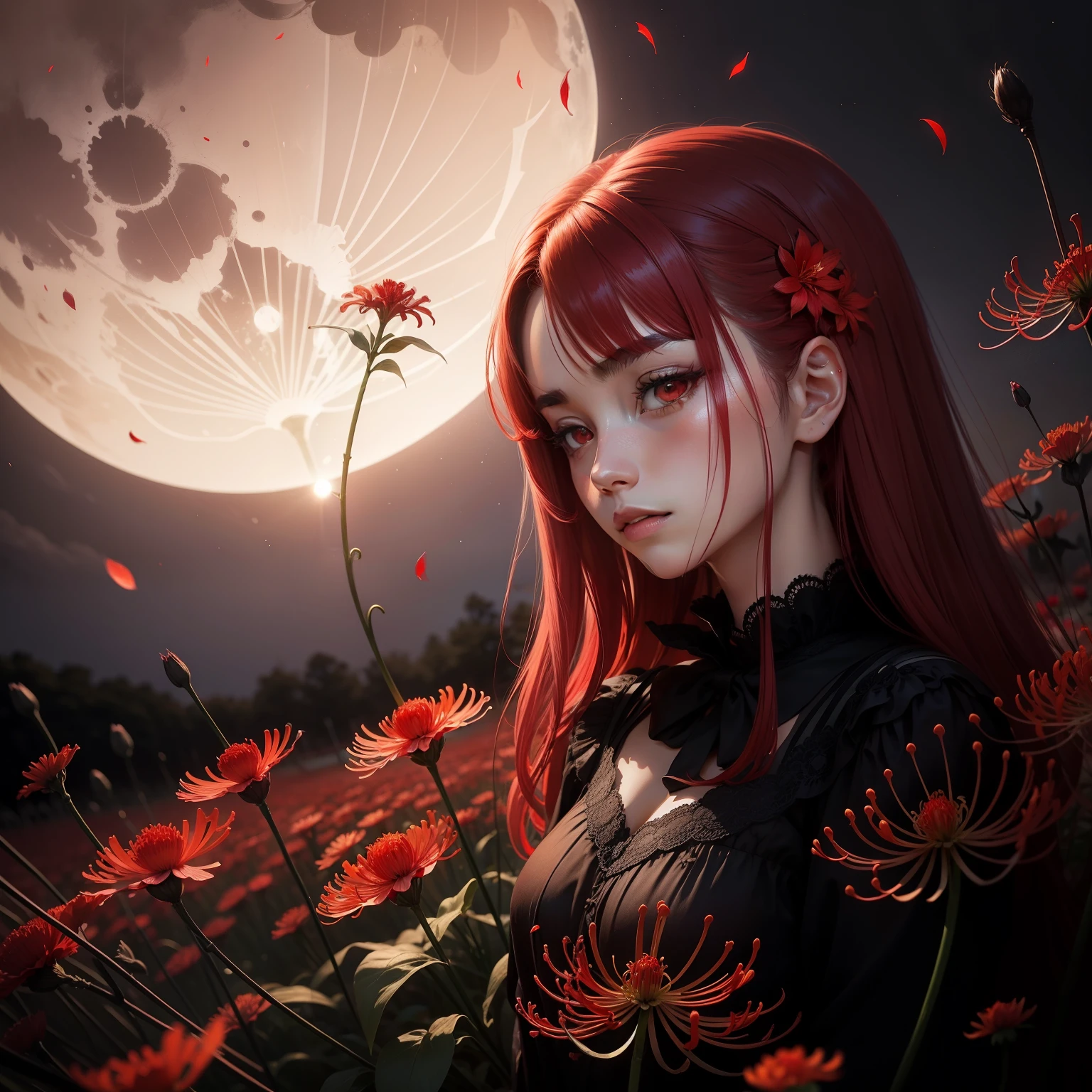 Red flowers, red spider lily, red Lycoris, moon