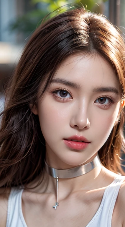 8k, Masterpiece, raw photos, best quality, realistic, Very detailed CG unity 8k wallpaper......, depth of field, Cinema-grade lighting system, lens flare, Ray tracing, (Very beautiful face, beautiful lips, beautiful eyes), black skin,red lips,Beautiful eyebrows,sharp eyes,Curly eyelashes,A face with intricate details, ((Highly detailed skin), รูปถ่ายของสาวสวย 1 คนbest quality, Ultra high resolution, (realistically:1.4),cute hair clip,1 woman,long red hair,two piece swimsuit,Beautiful woman with a slim figure:1.4, Pronounced abdomen:1.4, on the island,Extraordinarily detailed face,Exquisite eyes,Double eyelids,choker necklace