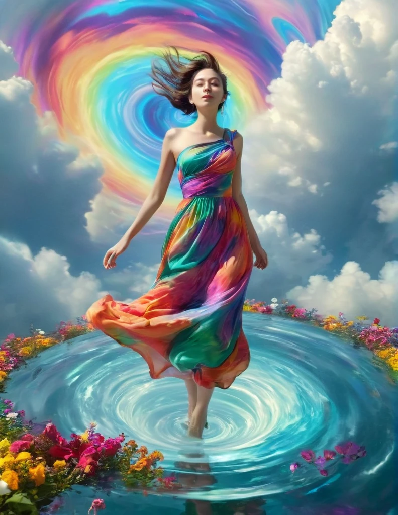 a woman in a bright dress walks through a whirlpool of lush clouds, colorful digital fantasy art, Beautiful color art!, Beautiful and colorful, with beautiful flowers, beautiful digital art, beautiful gorgeous digital art, colorful HD picture, Gently swirling magical energy, colorful art, very beautiful digital art, Bright, Beautiful Colors, gorgeous digital art, surrealism dressed in multi-colored silk