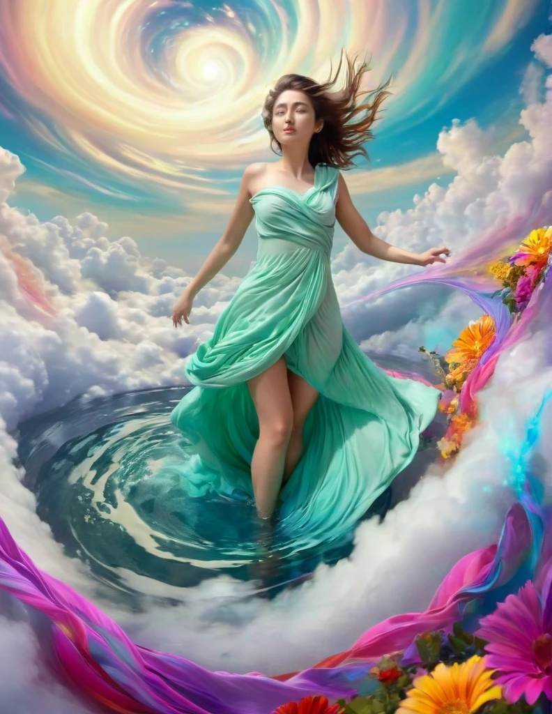 a woman in a bright dress walks through a whirlpool of lush clouds, colorful digital fantasy art, Beautiful color art!, Beautiful and colorful, with beautiful flowers, beautiful digital art, beautiful gorgeous digital art, colorful HD picture, Gently swirling magical energy, colorful art, very beautiful digital art, Bright, Beautiful Colors, gorgeous digital art, surrealism dressed in multi-colored silk