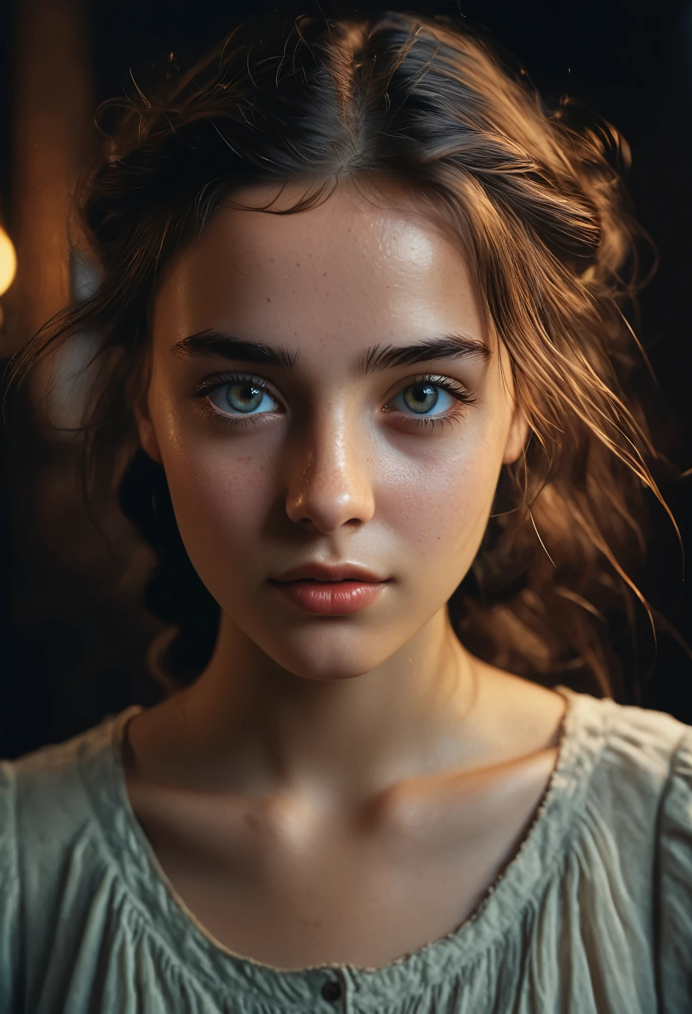 A Columbian 19-year-old girl radiantly faces the camera with a hot and cute aura, showcasing a detailed European face that depicts a subtle aspirational expression. This ultra-detailed photograph, evocative of an ArtStation masterpiece, is captured in a raw, analog style. The cinematic lighting envelops her features in rich, dramatic hues, meticulously illuminating each intricate detail. With a resolution of 4k and a sharp focus, her skin appears incredibly textured and pores are distinctly visible. Her eyes, no less mesmerizing, exhibit expressive and detailed European features that seem to gaze deep into the soul of the viewer.