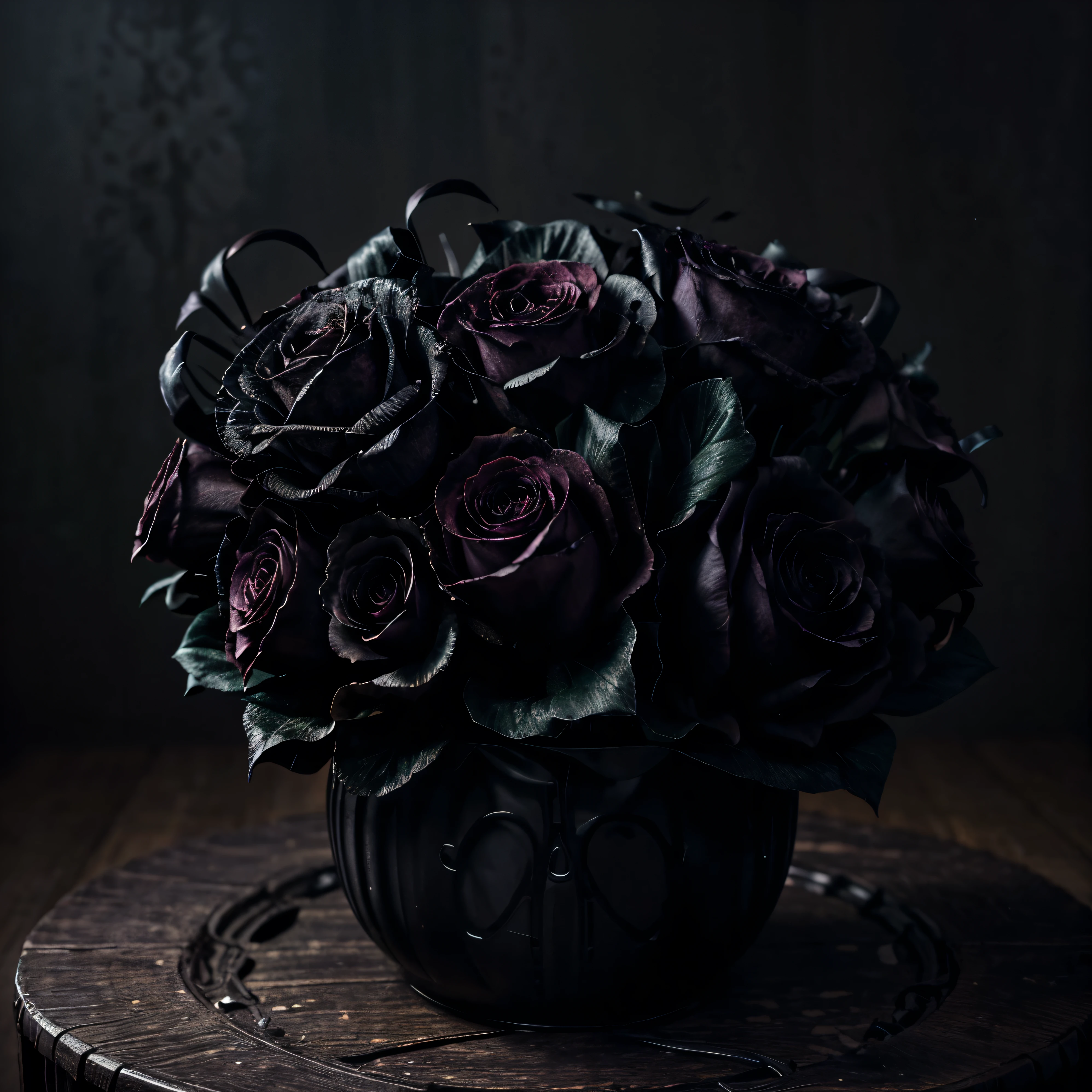 [SUBJECT] A seamless repeating pattern featuring a black ceramic skull vase (weight: 1.2) overflowing with a hauntingly beautiful bouquet of dark flowers. Include deep red roses (weight: 1.2), black calla lilies (weight: 1.2), and purple irises (weight 1.2) with hints of wilting and decay for a gothic touch (weight: 1.2). Delicate spiderwebs cling to the flowers and vase (weight: 1.2).
[MEDIUM] Digital painting
[STYLE] Dark Romanticism with a touch of realism for the flowers
[COLOR] Moody and dramatic color palette (weight: 1.2) with emphasis on deep reds, purples, and blacks.
[LIGHTING] Dramatic lighting with a single spotlight illuminating the bouquet and casting long shadows (weight: 1.2).
[ADDITIONAL DETAILS] The pattern should seamlessly repeat in all directions.