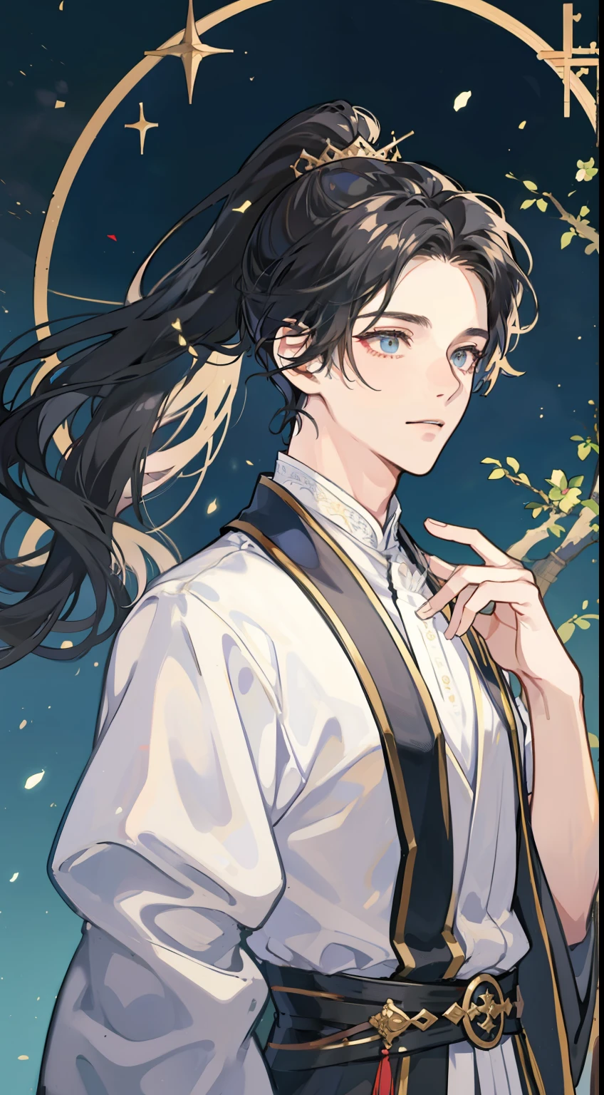 Masterpiece, best quality, 1 man,Light colored Hanfu,black hair,ponytail,crown, bamboo tree, a young man, Tall man, Dark theme, magic circle, bubble, Rainbow sunshine, sky, reflective glass, floating glass pieces, Rainbow Light, bubbleสบู่หมุนวน, whirlwind, Aurora, Fantasy scenery, Starlight around the character, (upper body)