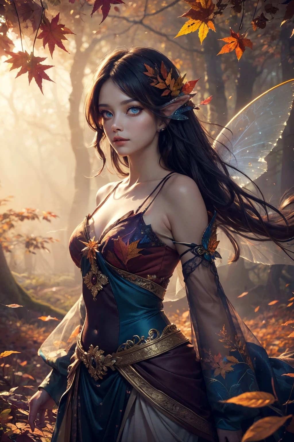 This is an ((ultra detailed)) and ((best quality)) fantasy (((masterpiece))). Generate a happy and beautiful wood faerie standing in the middle of a magical forest. Detailed leaves of oranges and reds float through the air and seem to swirl in a strong gust of wind. The ((faerie's eyes are important)) and are beautiful eyes, ((realistically detailed eyes)), interesting eyes, and (((colorful eyes))) with complex patterns. Her clothes are soft and in autumnal hues, with flowing silk that dances in the breeze. Utilize ((dynamic composition)) and cinematic lighting to create a compelling image. Include beautiful eyes, (puffy lips), orange leaves, red detailed leaves, hazy rays of light, wind, cold