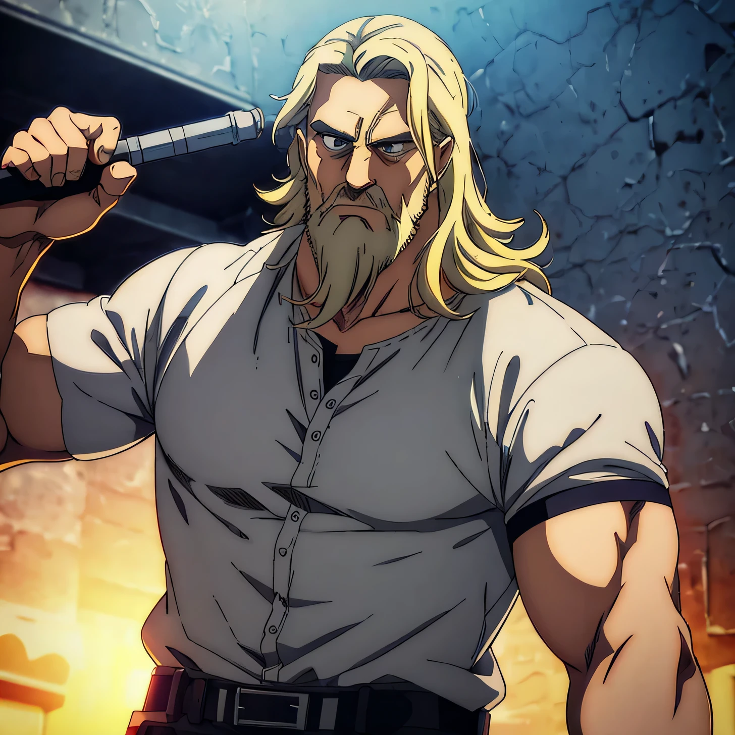 Marvel Thor in the Mappa art style. He is depicted in a grey shirt. He has a beard style. He also has a hammer. He is also fair. The artwork should have the best quality, with ultra-detailed and realistic features.