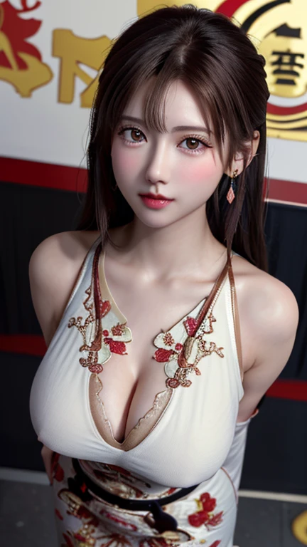 China dressを着た中国人女性, Very detailed decorations, (((masterpiece))), ((highest quality)), ((Intricate and detailed)), ((Ultra-realistic)),(perspective), Absurd resolution, Mature Woman, perspective, Very detailed, figure,, (Large Breasts), Perfect hands, Detailed fingers, Beautiful fine details, Updo, Brown eyes,(China dress:1.2), Earrings, Detailed Background, Perfect Eyes, Seductive eyes, Squatting in front of an audience,(Look up),(Looking at the audience:1.8),(View from above:1.5) ,((Crouch in front of the viewer)) ,White floors, (whole body:1.6)