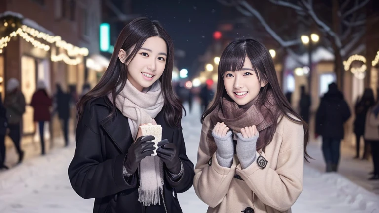 (Two long-haired girls with dull bangs in winter clothes and scarf coats.:1.5)、(A girl with a shy smile held a gift box in her hand with gloves.:1.5)、(winter snowing night street corner with christmas lights:1.5)、(perfect anatomy:1.3)、(no mask:1.3)、(Complete finger:1.3)、realistic、photography、tabletop、Highest quality、high resolution, Delicate and pretty、perfect face、Beautifully detailed eyes、Beautiful skin、real human skin、hair follicles、((slender legs))、(dark hair)((best quality, 8k, Masterpiece :1.3)), 1 girl, Beautiful women emphasize a slender stomach. :1.3,