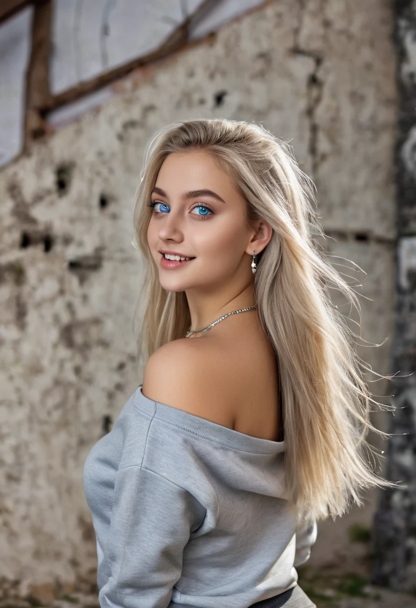 hyperrealistic beautiful busty 18-year-old women in sweatshirt and tight shiny silver shorts, model shooting full body photography, view from behind, natural blonde very long straight hair, dark eye makeup with eyeliner, seductive smile, small necklace and earrings, 8K, best quality, Meisterwerk, ultra high resolution, (Realismus: 1.4), Originalfoto, (realistische Hautstruktur: 1.3), (Filmkorn: 1.3), (Selfie-Winkel), 1 girl, Beautiful round hazel eyes and facial details, Meisterwerk, best quality, in front of a collapsing wall