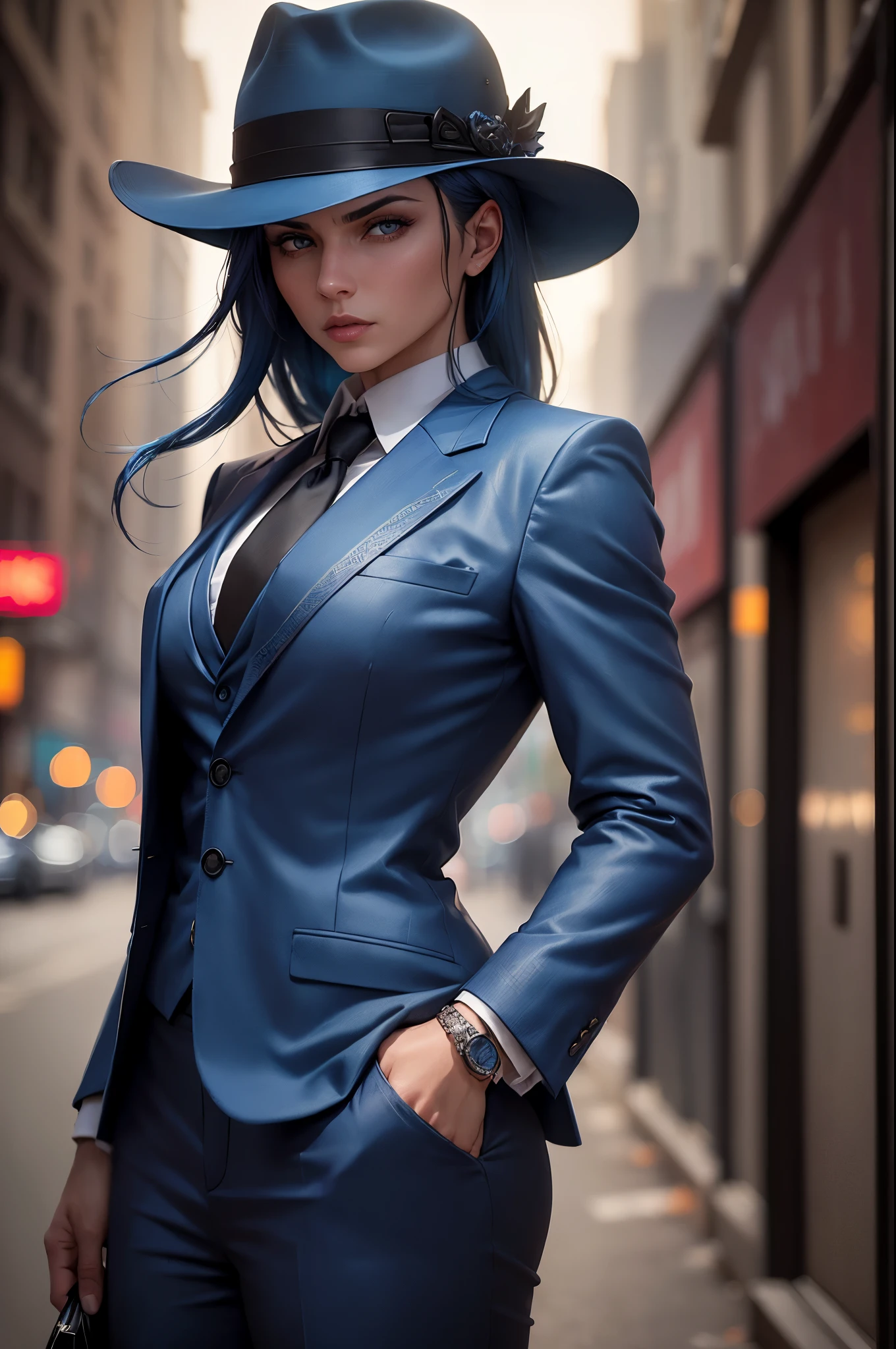 (best quality, ultra-detailed, realistic:1.37), mafia member, blue hair, intense gaze, confident expression, tailored suit, fedora hat, smoky background, dimly lit, city streets, crisp details, dramatic lighting, vibrant colors, sharp focus, cinematic style, edgy atmosphere, woman