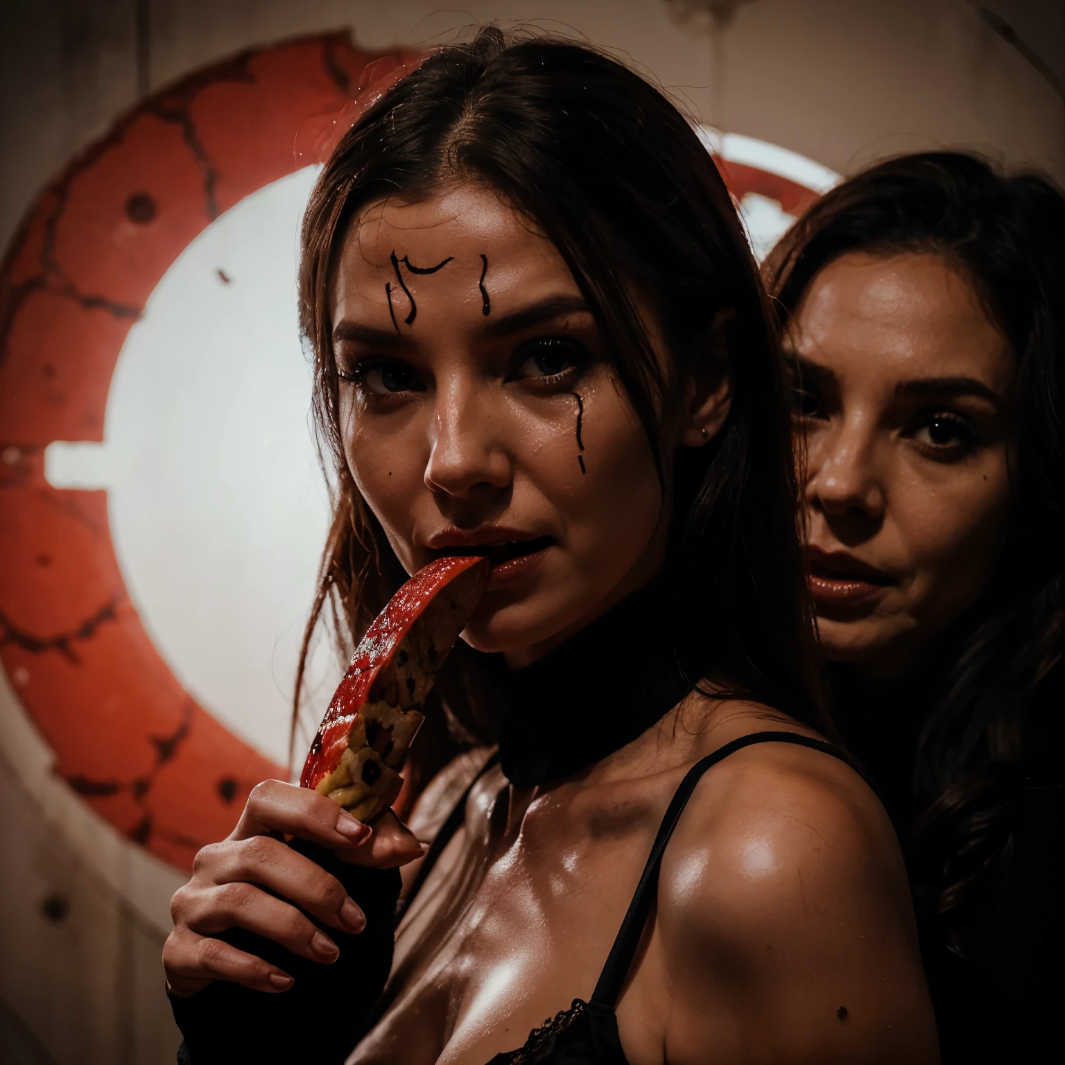 Evil scary snake whispering to a woman to eat a red apple with an apocalyptic background