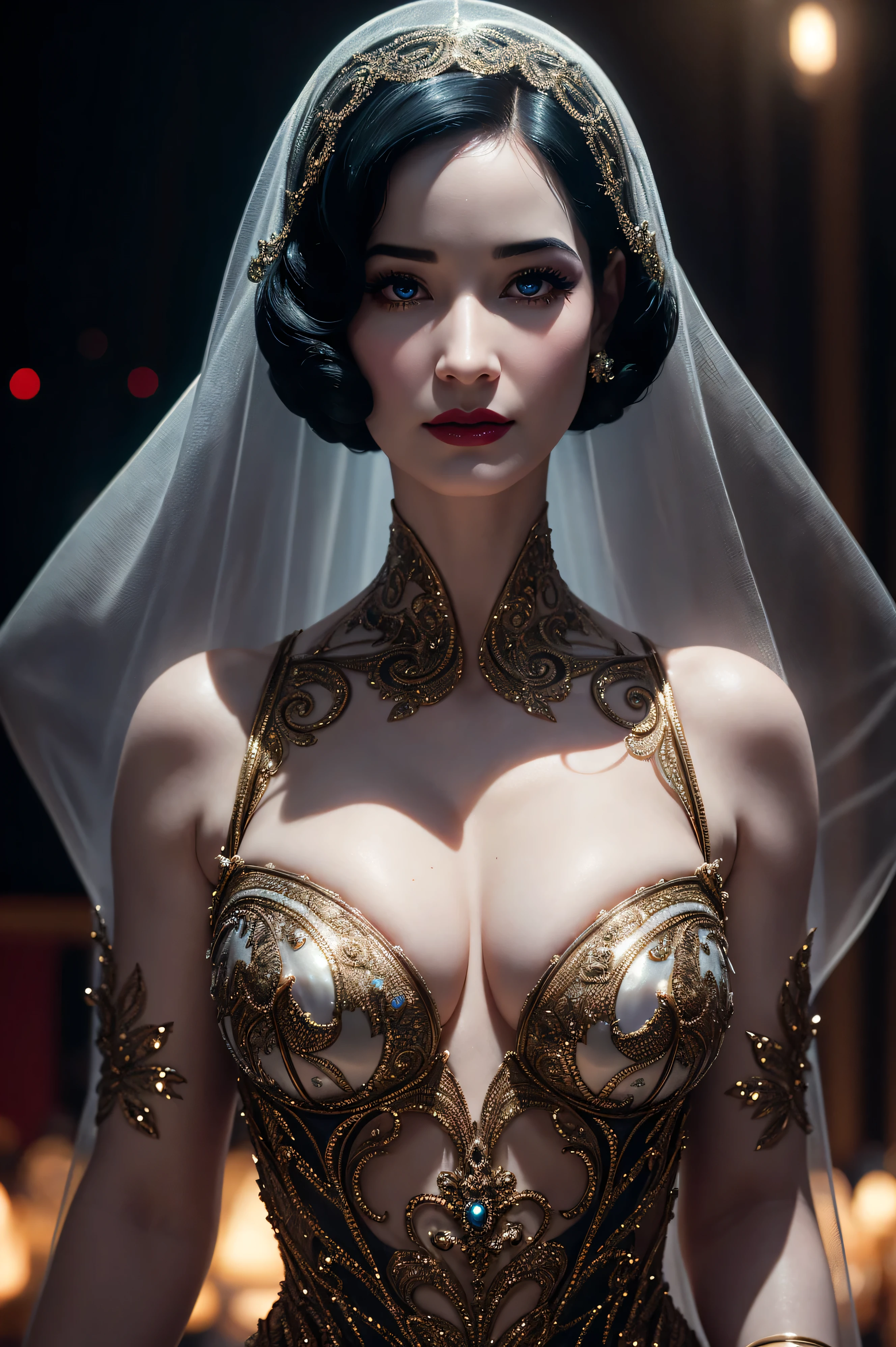 Dita von Teese, wearing alien costume transparent. professionally retouched, soft lighting, realistic, smooth face, perfect eyes, sharp focus on eyes, 8 k, high definition, insanely detailed, intricate, elegant. against the background of the ballroom.