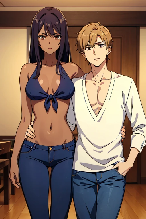 (cute couple), (detailed), perfect face, brown skin anime woman in a deep V-neck tied top, (bare shoulders), (jeans), (resting hands on the stomach), (slim woman), (smooth and shiny skin), (best quality), (masterpiece), ((a white skin handsome formal boy is hugging her))