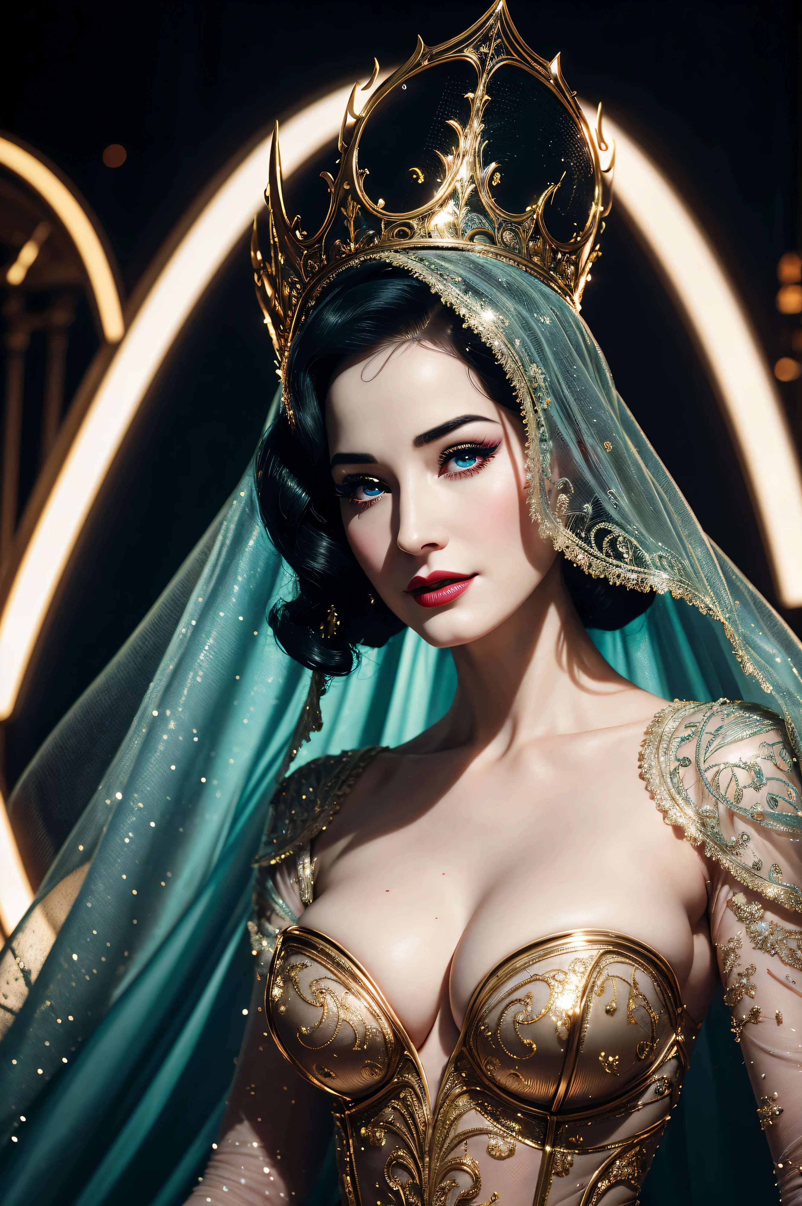Dita von Teese, wearing alien costume transparent. professionally retouched, soft lighting, realistic, smooth face, perfect eyes, sharp focus on eyes, 8 k, high definition, insanely detailed, intricate, elegant. against the background of the ballroom.