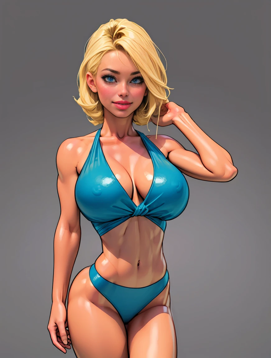 1 girl, blonde hair, blue eyes, curvy figure, smile, red lips, streetfighter, cami, standing, navel, big bust, no bra, simple background, white background, front view, wide shot, anime style, from behind, wide shot, 16k, 8k, 4K, HD, 1080P, highres, best quality, high details, high quality, super detail, ccurate, masterpiece