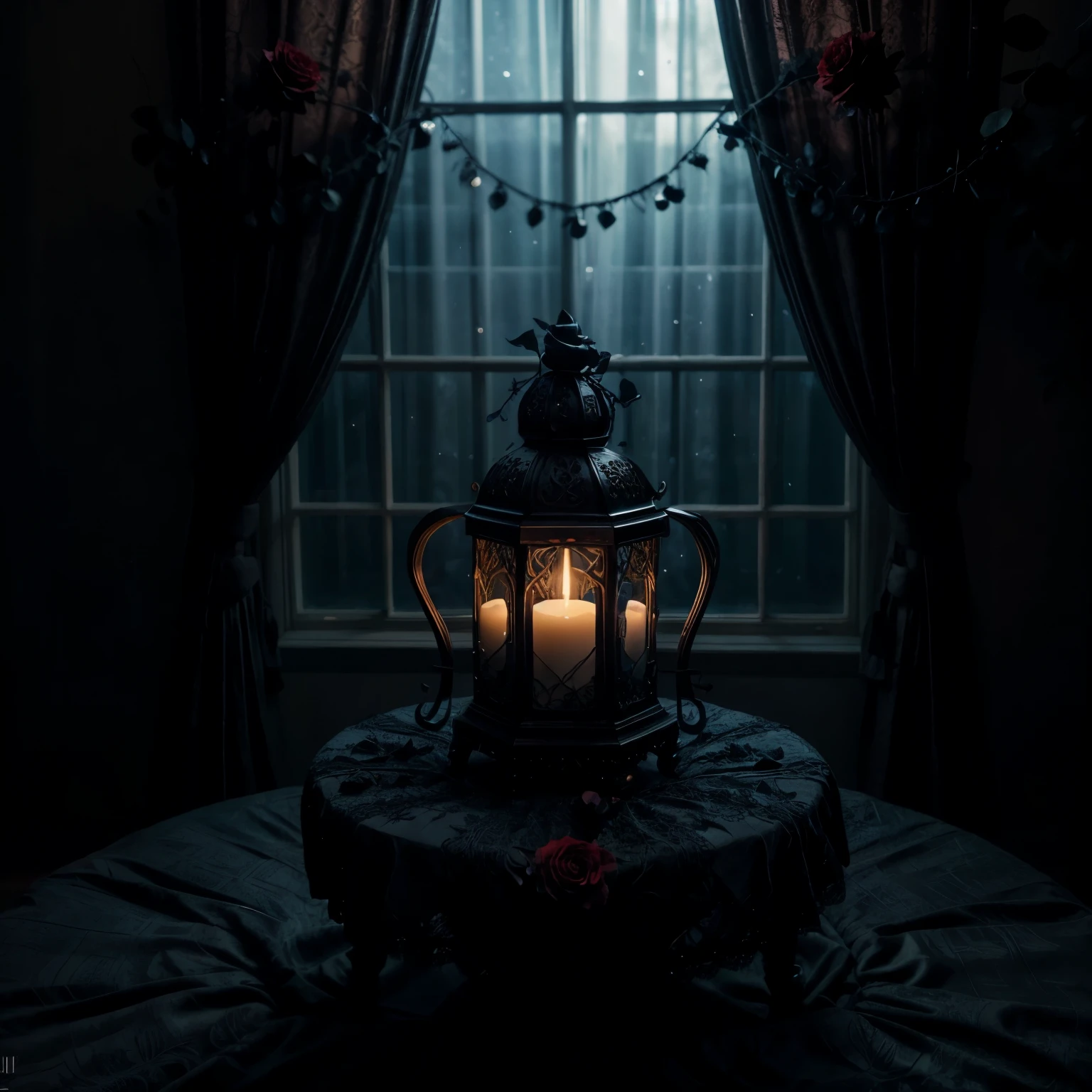 [SUBJECT] A seamless repeating pattern featuring a gothic candelabra (weight: 1.2) with black, twisted arms that resemble thorny vines (weight: 1.2). Deep red roses (weight: 1.2) bloom from the candle holders, casting an eerie glow on the scene (weight: 1.2). Moonlight streams through a lace window curtain in the background (weight: 1.2).
[MEDIUM] Illustration
[STYLE] Art Nouveau with a gothic twist
[COLOR] Cool and mysterious color palette (weight: 1.2) with emphasis on deep reds, blacks, and blues.
[LIGHTING] Moonlight as the primary light source, creating a sense of mystery (weight: 1.2).
[ADDITIONAL DETAILS] Delicate dewdrops glisten on the thorns and petals (weight: 1.2). The pattern should seamlessly repeat in all directions.