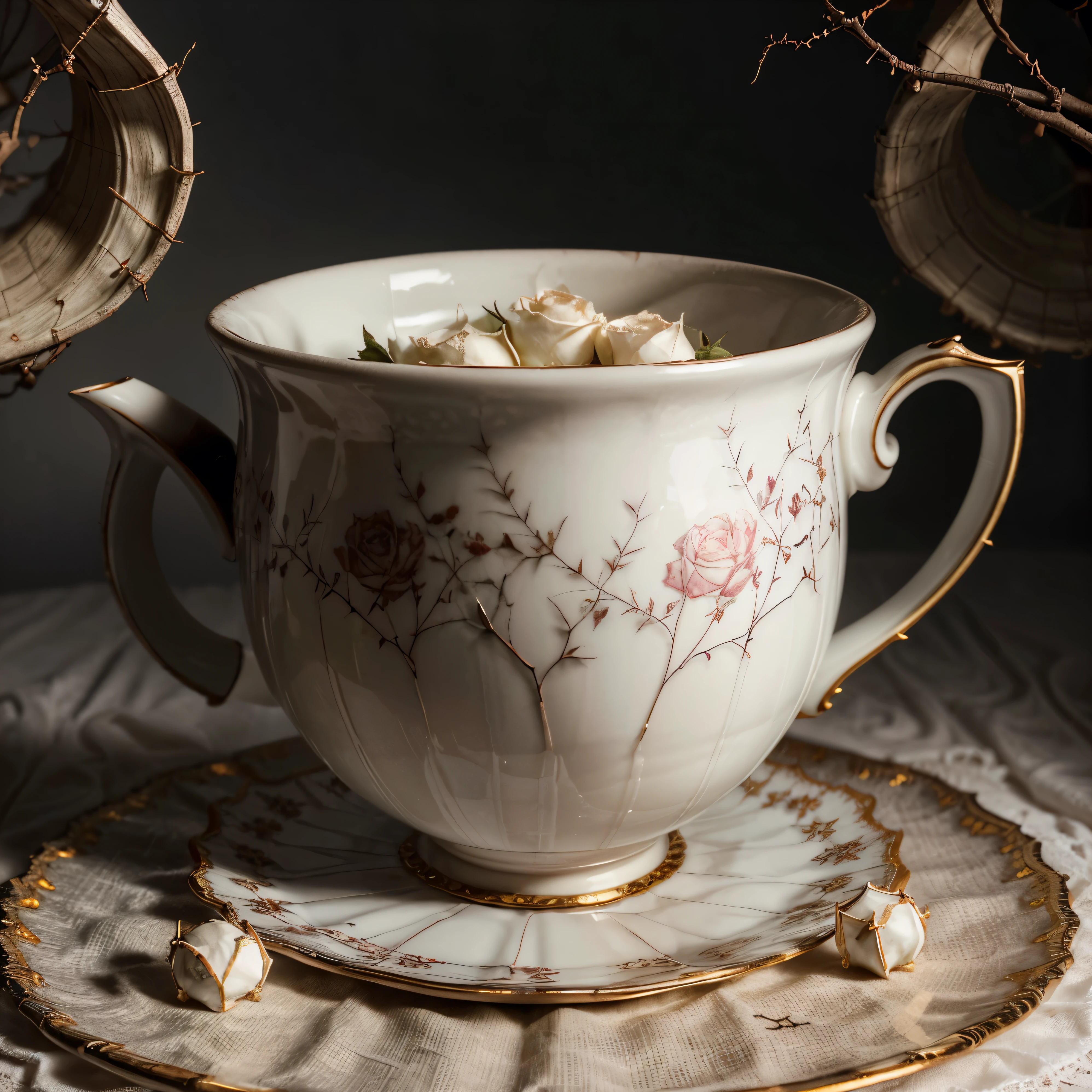 [SUBJECT] A seamless repeating pattern featuring a chipped and cracked porcelain teacup (weight: 1.2) overflowing with wilted white roses (weight: 1.2) and black thorns (weight: 1.2). The background is shrouded in mist (weight: 1.2).
[MEDIUM] Digital art
[STYLE] Surrealism with a gothic influence
[COLOR] Monochromatic with hints of white for the roses (weight: 1.2).
[LIGHTING] Soft, ethereal lighting with a touch of mystery (weight: 1.2).
[ADDITIONAL DETAILS] Delicate spiderwebs drape across the teacup and roses (weight: 1.2). The pattern should seamlessly repeat in all directions.