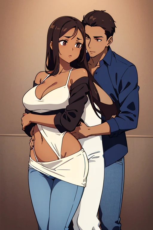 (cute couple), (detailed), perfect face, brown skin anime woman in a deep V-neck tied top, (bare shoulders), (jeans), (resting hands on the stomach), (slim woman), (smooth and shiny skin), (best quality), (masterpiece), ((a white skin handsome formal boy is hugging her))