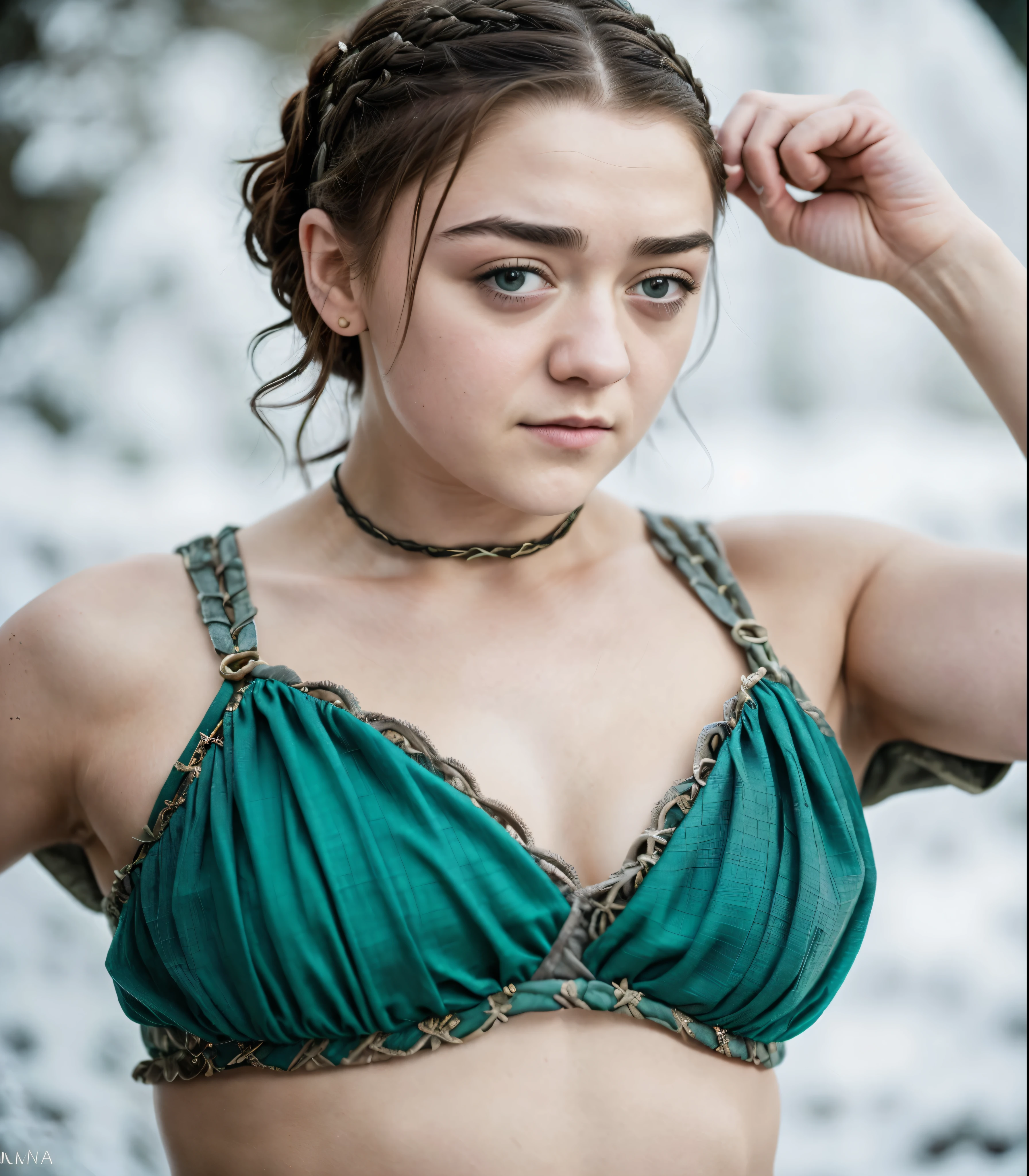 Foto RAW, RAW photograph of Maisie Williams, Arya Stark, Extremely gorgeous lady, Arya Stark PLAYED BY MAISIE WILLIAMS, Queen Arya Stark, she  a mature woman now, milf, sexy mediaeval battle dress, gladiator woman, body, 40 years old Woman,styled hair, fantasy movie character, body revealing costumes, perky breast, skin pores, big natural breast, erotic costumes, lusty physique, seductive figure can capture every people's attention, Game of thrones costumes, revealing captivating figure, Mediaeval costumes, revealing clothes, A tomboy, she would rather fence than dance, warrior queen , game of thrones screen caps, Game of Thrones Series, (pele altamente detalhada: 1.2), 8k UHD, DSLR, soft-lighting, alta qualidade, grain of film, Fujifilm XT3, flawless picture, highly detailed, detailed Beauty, intricate, 32k, sharp picture,