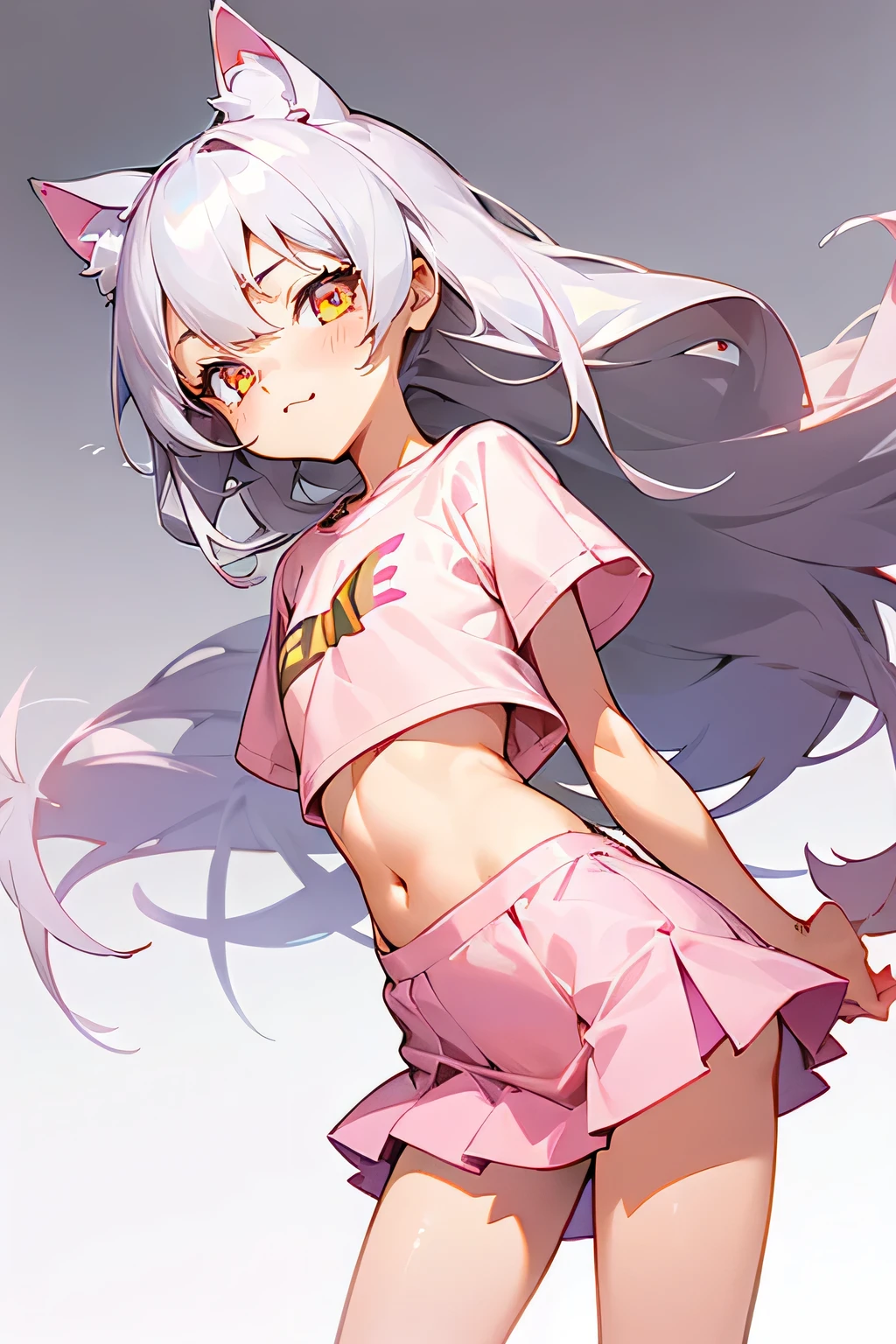 1girl, silver hair, golden eyes with pupils, ((skinny)), ((petite)), short, small, ((neko)), (cropped solid pastel pink tshirt), long hair, short skirt, (((???))), cat ears, happy, blush, flat chest, midriff, at school, hand on tummy, belly rub