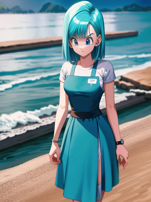 Obra maestra, (traje de tenista sexy), mejor calidad, (pelo azul), high resolution, Dragon Ball, blmmid, pelo aguamarina, pelo medio, flequillo contundente, banda de pelo rojo, pechos enormes, en la playa,(pista de tenis)