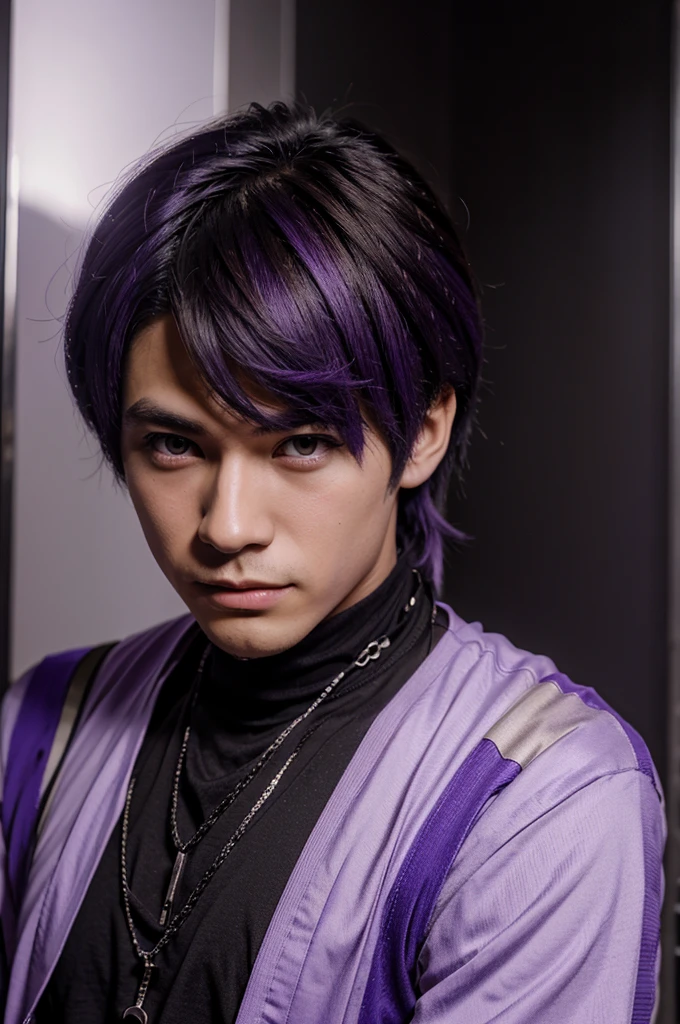 An anime-style male human with purple dragon features
