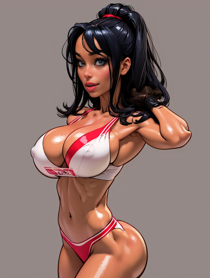 1 girl, black hair, blue eyes, curvy figure, smile, red lips, streetfighter cami, standing, navel, big bust, no bra, simple background, white background, front view, wide shot, anime style, from behind, wide shot, 16k, 8k, 4K, HD, 1080P, highres, best quality, high details, high quality, super detail, ccurate, masterpiece