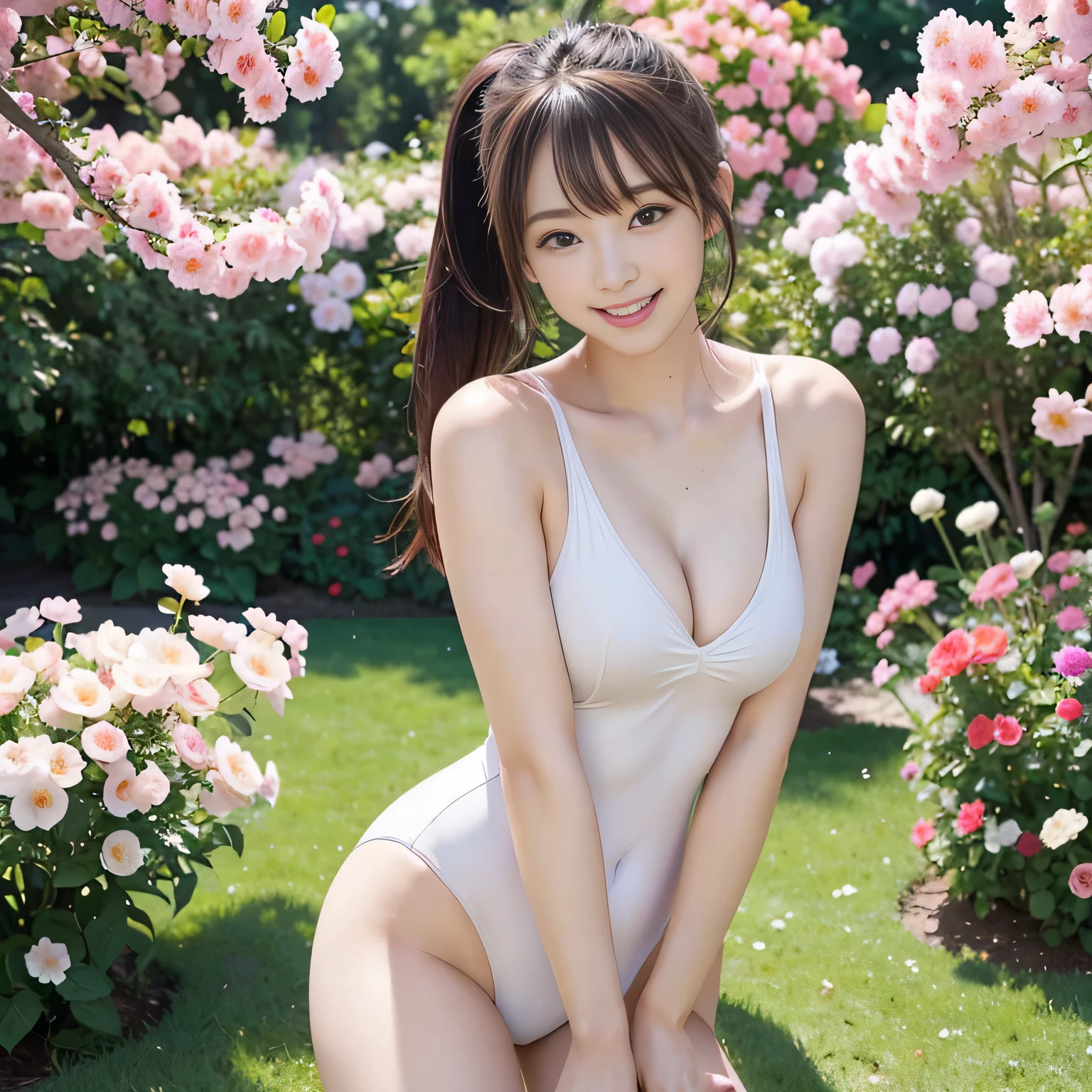 Super sexy white school swimsuit with a lot of exposure、Ultra-high resolution、Powerful Images、8K Slender Woman、Super small breasts、Beautiful breasts、Brown hair ponytail、Smiling for the camera、Background of a flower garden with many blooming flowers、