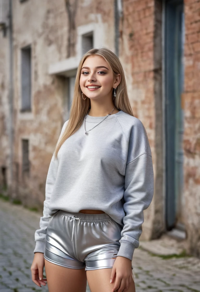 hyperrealistic beautiful busty 18-year-old women in sweatshirt and tight shiny silver shorts, model shooting full body photography, view from behind, natural blonde very long straight hair, dark eye makeup with eyeliner, seductive smile, small necklace and earrings, 8K, best quality, Meisterwerk, ultra high resolution, (Realismus: 1.4), Originalfoto, (realistische Hautstruktur: 1.3), (Filmkorn: 1.3), (Selfie-Winkel), 1 girl, Beautiful round hazel eyes and facial details, Meisterwerk, best quality, in front of a collapsing wall