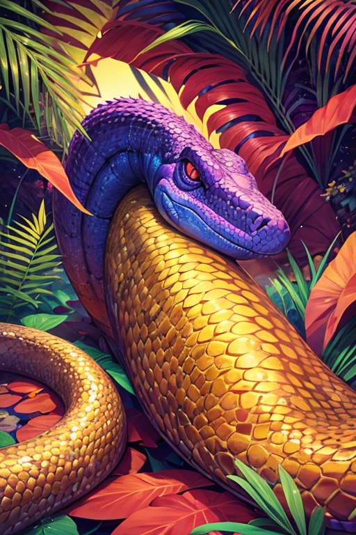 Una Serpiente reptil de escamas de color morado con adornos de oro decoraciones doradas ojos de color rojos en fonde de un bosque  mirando de frente 