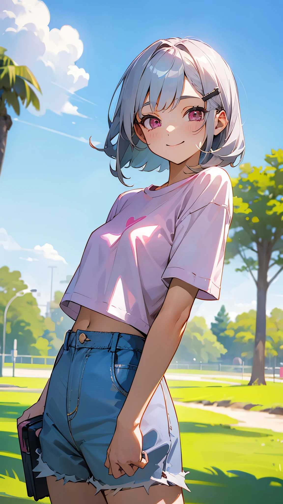 -yeld giSilver Hair、Barrette、Pink Eyes、White T-shirt、Shorts、Blue summer sky、Large park background、smile