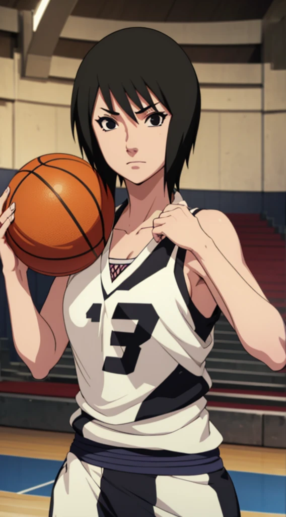 Shizune, short hair, hairband, black eyes, beautiful, gorgeous woman, perfect body, perfect breasts, wearing a basketball jersey, on the basketball court, holding a basketball