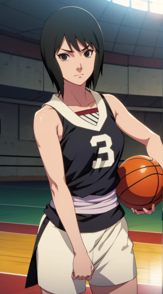 Shizune, short hair, hairband, black eyes, beautiful, gorgeous woman, perfect body, perfect breasts, wearing a basketball jersey, on the basketball court, holding a basketball