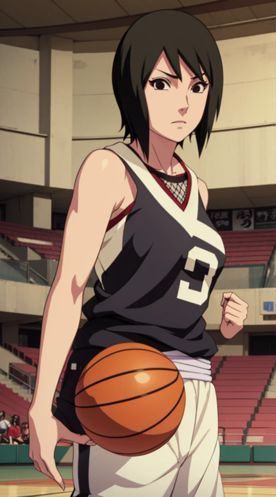 Shizune, short hair, hairband, black eyes, beautiful, gorgeous woman, perfect body, perfect breasts, wearing a basketball jersey, on the basketball court, holding a basketball