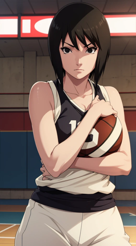 Shizune, short hair, hairband, black eyes, beautiful, gorgeous woman, perfect body, perfect breasts, wearing a basketball jersey, on the basketball court, holding a basketball