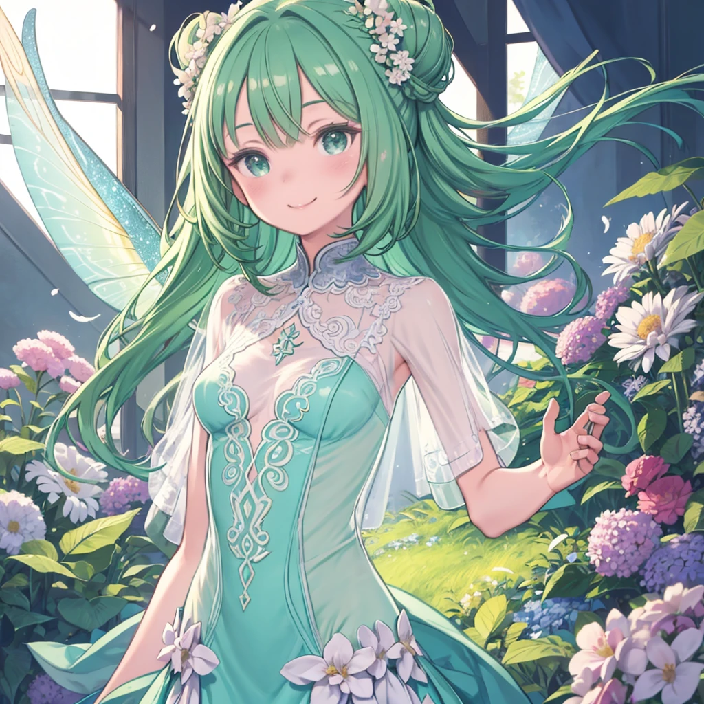 masterpiece、highest quality、High resolution、Very detailed、Close-up、Medium wide shot、Girl、Fairy、Fairy、Dragonfly feathers、Green Hair、Chignon、Green dress、See-through clothing、Lots of flowers、flying、smile、