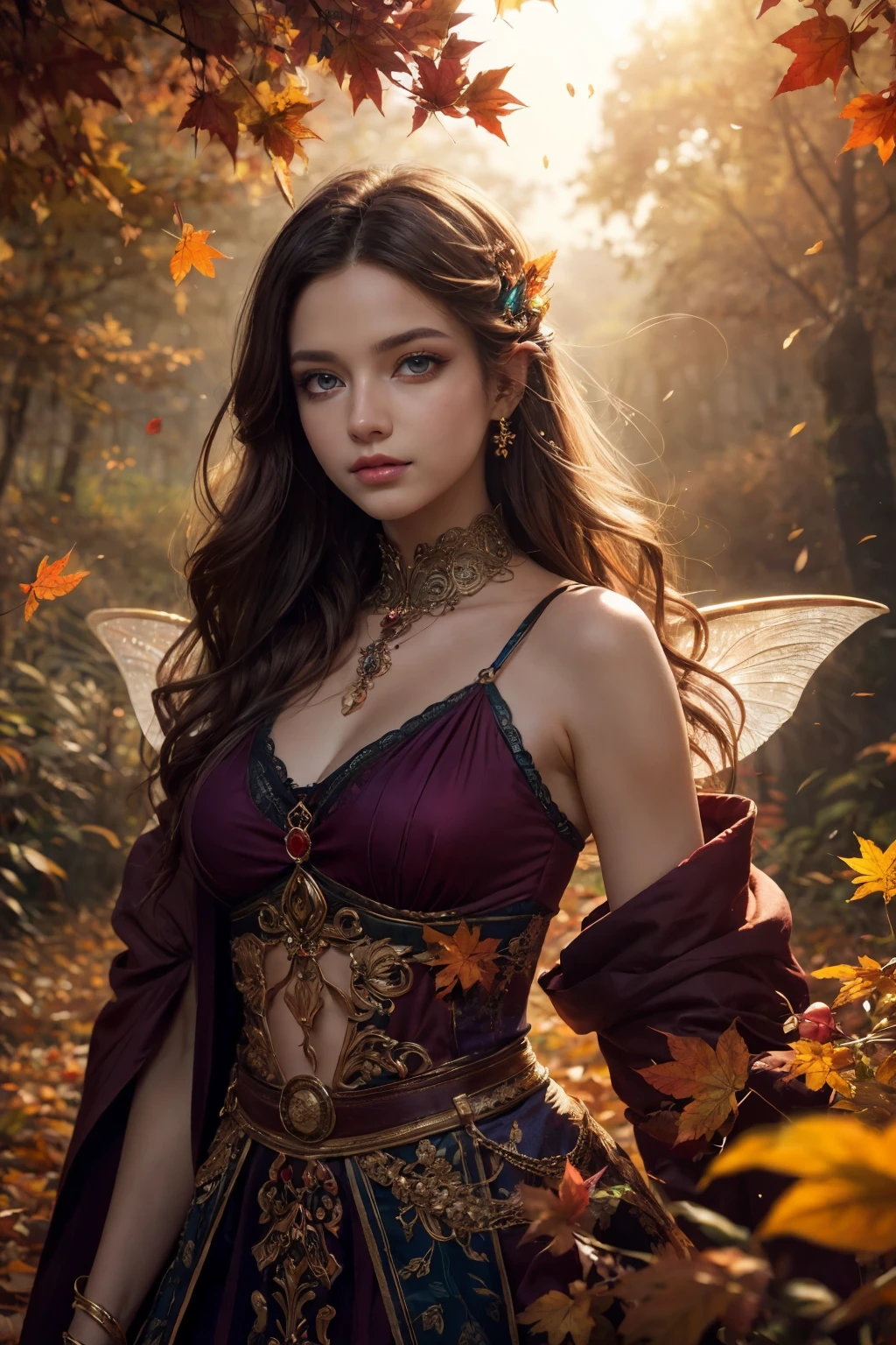This is an ((ultra detailed)) and ((best quality)) fantasy (((masterpiece))). Generate a happy and beautiful wood faerie standing in the middle of a magical forest. Detailed leaves of oranges and reds float through the air and seem to swirl in a strong gust of wind. The ((faerie's eyes are important)) and are beautiful eyes, ((realistically detailed eyes)), interesting eyes, and (((colorful eyes))) with complex patterns. Her clothes are soft and in autumnal hues, with flowing silk that dances in the breeze. Utilize ((dynamic composition)) and cinematic lighting to create a compelling image. Include beautiful eyes, (puffy lips), orange leaves, red detailed leaves, hazy rays of light, wind, cold 
